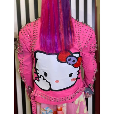 Women's kitty icon gothic style pink studded embroidery jacket biker studded brando jacket