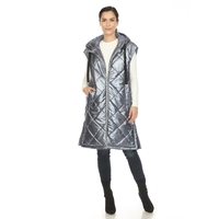 White Mark Women's Metallic Double Zipper Long Puffer Vest with Hood - Thumbnail 4
