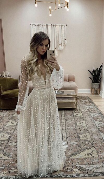 Elegant A Line Sexy V Neck Long Sleeve Beach Boho Wedding Dress Bridal Gown