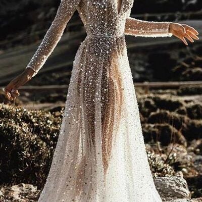 Elegant sexy v neck long sleeve sequins beach boho wedding dress bridal gown
