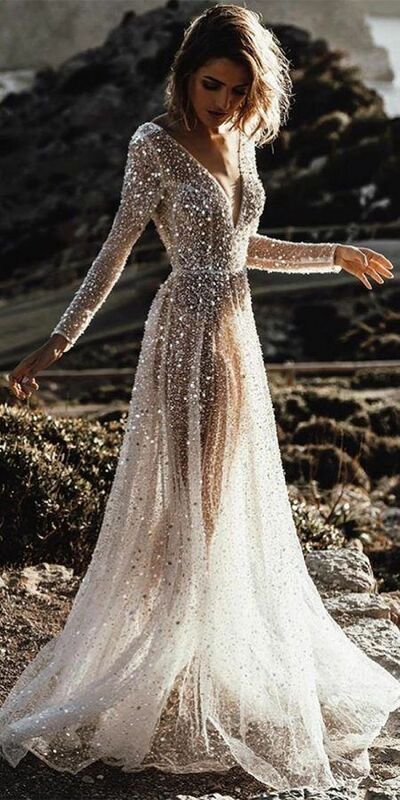 Elegant Sexy V Neck Long Sleeve Sequins Beach Boho Wedding Dress Bridal Gown