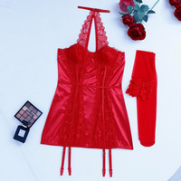 Lace patchwork sexy jumpsuit gathered chest wrap halter neck sexy lingerie with stockings - Thumbnail 7