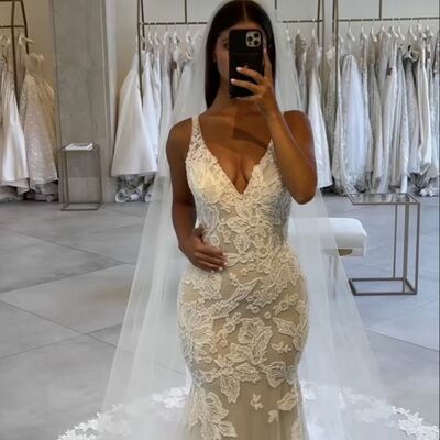 Elegant v neck lace appliques mermaid beach boho wedding dress bridal gown
