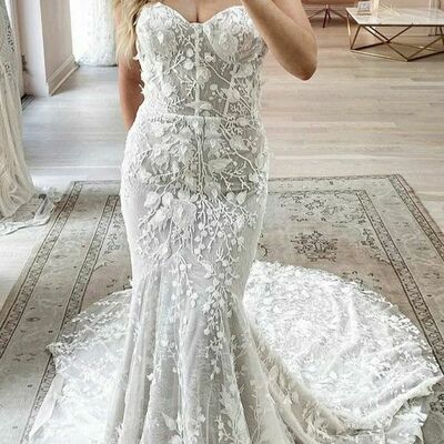 Elegant sweetheart mermaid lace appliques beach boho wedding dress bridal gown