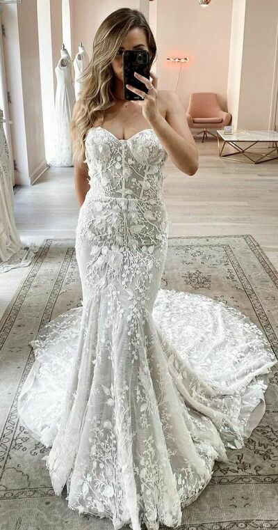 Elegant Sweetheart Mermaid Lace Appliques Beach Boho Wedding Dress Bridal Gown