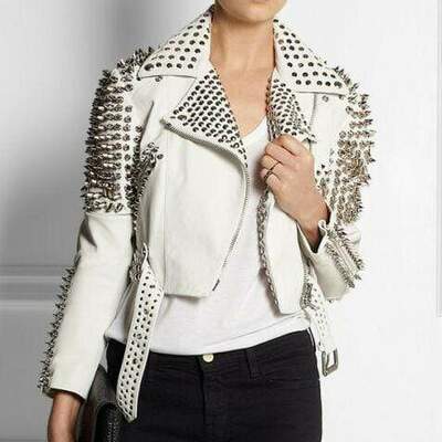 Top christmas woman full white punk gothic style studded leather jacket