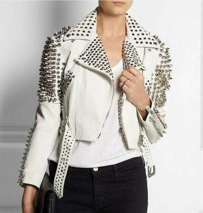 Top Christmas Woman Full White Punk Gothic Style Studded Leather Jacket