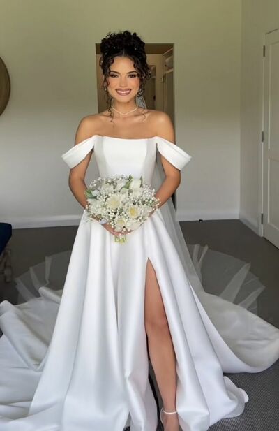 Simple A Line Off the Shoulder Beach Boho Wedding Dress Bridal Gowns