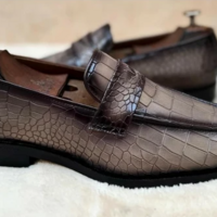 Handmade Men's Gray Crocodile Textured Moccasins, Men Gray Dress Shoes, Crocodile Print - Thumbnail 1