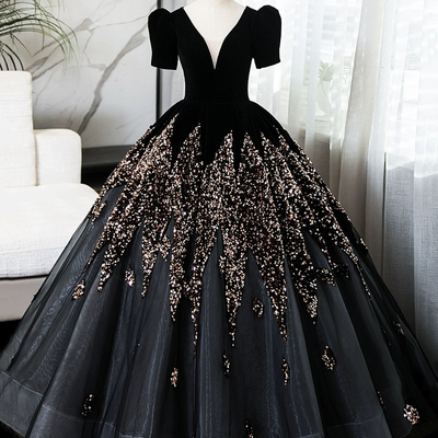 Black v-neck velvet and sequins long prom dress, elegant short sleeve formal dress - Thumbnail 1
