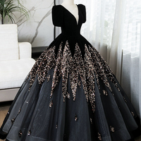 Black V-neck Velvet and Sequins Long Prom Dress, Elegant Short Sleeve Formal Dress - Thumbnail 1