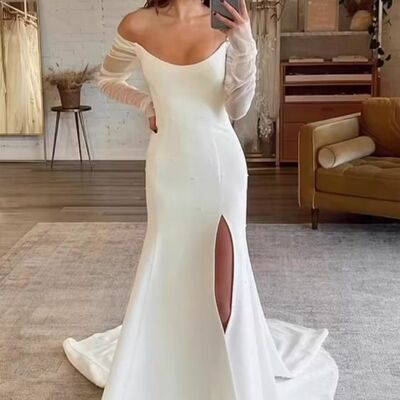 Simple sheath long sleeve side slit beach boho wedding dress bridal gowns  - Thumbnail 1