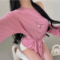 Sexy stitching mesh see-through feminine temperament short-sleeved T-shirt - Thumbnail 2