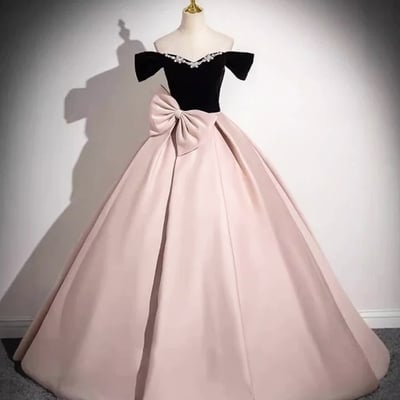Black velvet and pink satin long prom dress, off the shoulder evening party dress - Thumbnail 1