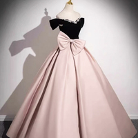 Black Velvet and Pink Satin Long Prom Dress, Off the Shoulder Evening Party Dress - Thumbnail 1