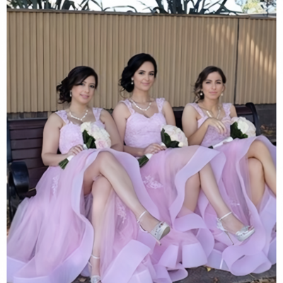 Pink straps appliques a-line long bridesmaid dresses