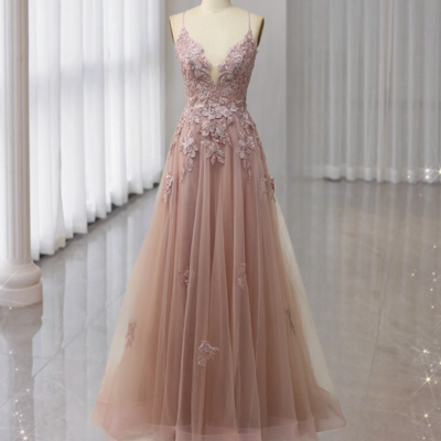 Luxe coral a-line spaghetti strap long ball gown with appliques prom dress