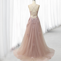 Luxe coral A-line spaghetti strap long ball gown with appliques prom dress - Thumbnail 1