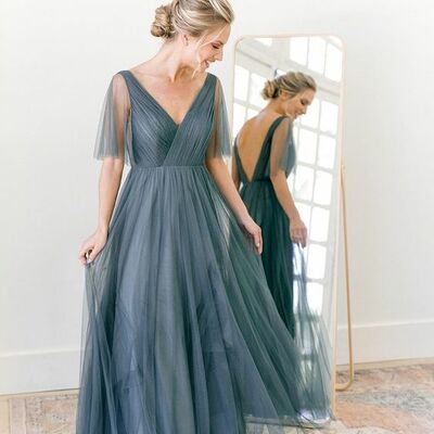 Simple grey a line mother of bride/ groom dress pleat evening formal gowns prom dress