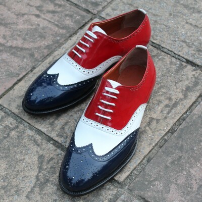Crafted leather classic handmade tri tone color leather oxford wingtip dress shoes - Thumbnail 4