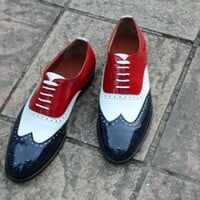 Crafted Leather Classic Handmade Tri Tone Color Leather Oxford Wingtip Dress Shoes - Thumbnail 2