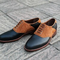 Crafted Leather Classic Black Leather Brown Suede Leather Oxford Lace up Dress Shoes - Thumbnail 1