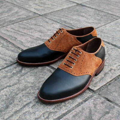 Crafted leather classic black leather brown suede leather oxford lace up dress shoes - Thumbnail 3