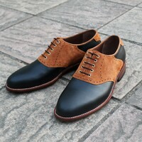 Crafted Leather Classic Black Leather Brown Suede Leather Oxford Lace up Dress Shoes - Thumbnail 2