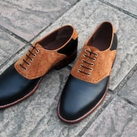 Crafted Leather Classic Black Leather Brown Suede Leather Oxford Lace up Dress Shoes - Thumbnail 4