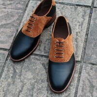 Crafted Leather Classic Black Leather Brown Suede Leather Oxford Lace up Dress Shoes - Thumbnail 5