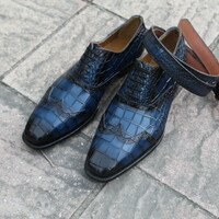 Crafted Leather Classic and Luxury Blue Patine-Art Crocodile/Alligator Wingtip Oxford Dress Shoes With Matching Belt - Thumbnail 1
