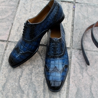 Crafted Leather Classic and Luxury Blue Patine-Art Crocodile/Alligator Wingtip Oxford Dress Shoes With Matching Belt - Thumbnail 3