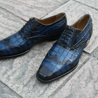 Crafted Leather Classic and Luxury Blue Patine-Art Crocodile/Alligator Wingtip Oxford Dress Shoes With Matching Belt - Thumbnail 2