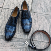 Crafted Leather Classic and Luxury Blue Patine-Art Crocodile/Alligator Wingtip Oxford Dress Shoes With Matching Belt - Thumbnail 4