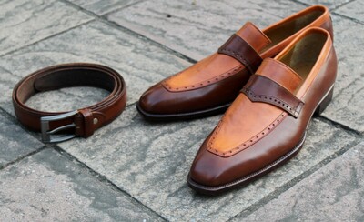 Crafted Leather Classic Brown Leather Moccasin Loafers Dress Shoes With Matching Belt