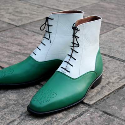 Crafted leather classic green white leather ankle high lace up dress boot - Thumbnail 5