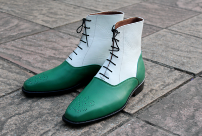 Crafted Leather Classic Green White Leather Ankle High Lace up Dress Boot