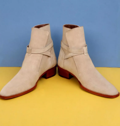 New Beige Handmade Suede Jodhpur Ankle Monk Strap Formal Boots for Mens, Men Dress Boot, New Zipper Boot