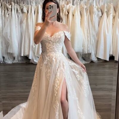 Simple a line off the shoulder lace appliques beach boho wedding dress bridal gowns  - Thumbnail 2