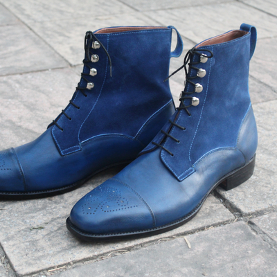 Crafted leather classic handmade men blue calf suede leather ankle high dress boot - Thumbnail 5