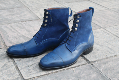Crafted Leather Classic Handmade Men Blue Calf Suede Leather Ankle High Dress Boot