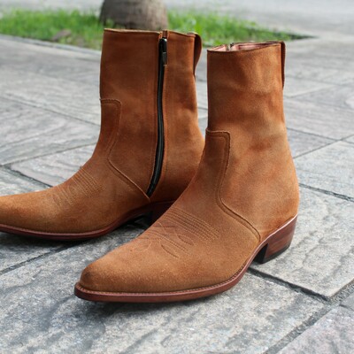 Crafted leather classic men brown suede leather side zipper ankle high dress jodhpur boot - Thumbnail 5
