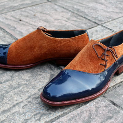 Crafted leather classic blue patent brown suede leather oxford dress shoes - Thumbnail 3