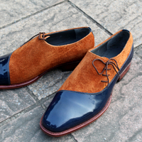 Crafted Leather Classic Blue Patent Brown Suede Leather Oxford Dress Shoes - Thumbnail 1