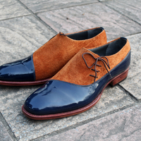 Crafted Leather Classic Blue Patent Brown Suede Leather Oxford Dress Shoes - Thumbnail 2