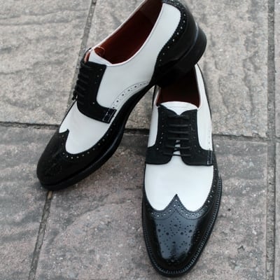 Crafted leather handmade classic black white leather wingtip oxford dress shoes - Thumbnail 4