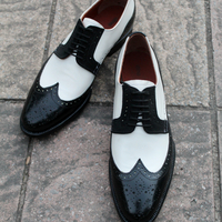 Crafted Leather Handmade Classic Black White Leather Wingtip Oxford Dress Shoes - Thumbnail 3