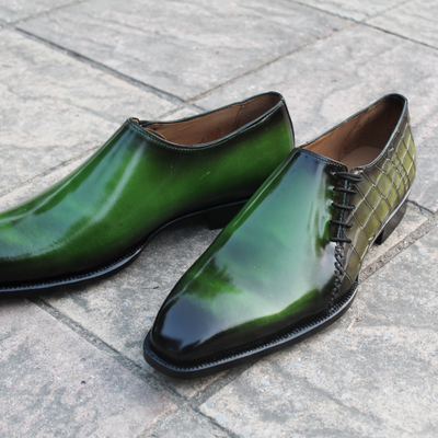 Crafted leather classic green calf and crocodile leather side laces oxford dress shoes - Thumbnail 5
