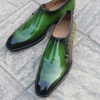 Crafted Leather Classic Green Calf and Crocodile Leather Side Laces Oxford Dress Shoes - Thumbnail 1