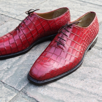 Crafted leather classic handmade red crocodile/alligator leather dress shoes - Thumbnail 4